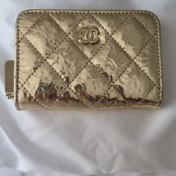 Chanel Hammered Metallic Calfskin Quilted Zip Coin Purse Gold for