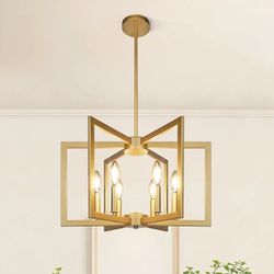 2880: New 6-Light Gold Pendant Light, Modern Farmhouse Dining Room Light Fixtures Over Table, Industrial Metal Geometric Kitchen Chandelier for Entryw