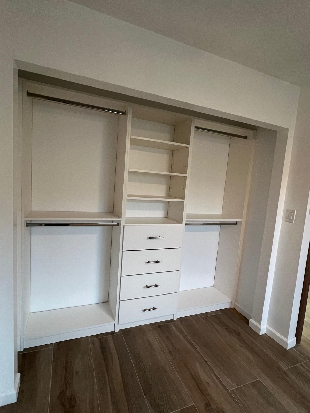 Closet Organization Cabinet Shelf Hanging Rods Drawers