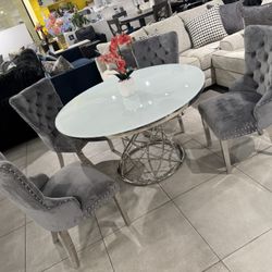 5pc Dining Set 🩶 Grey Velvet Chairs 