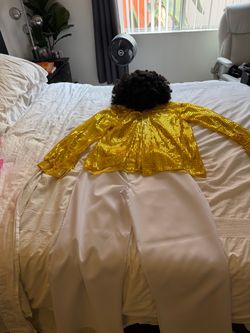 70s Disco Costume Set – Gold Sequin Shirt, White Bell Bottoms & Afro Wig