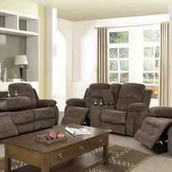 Brown chenille fully reclining three piece couch set
