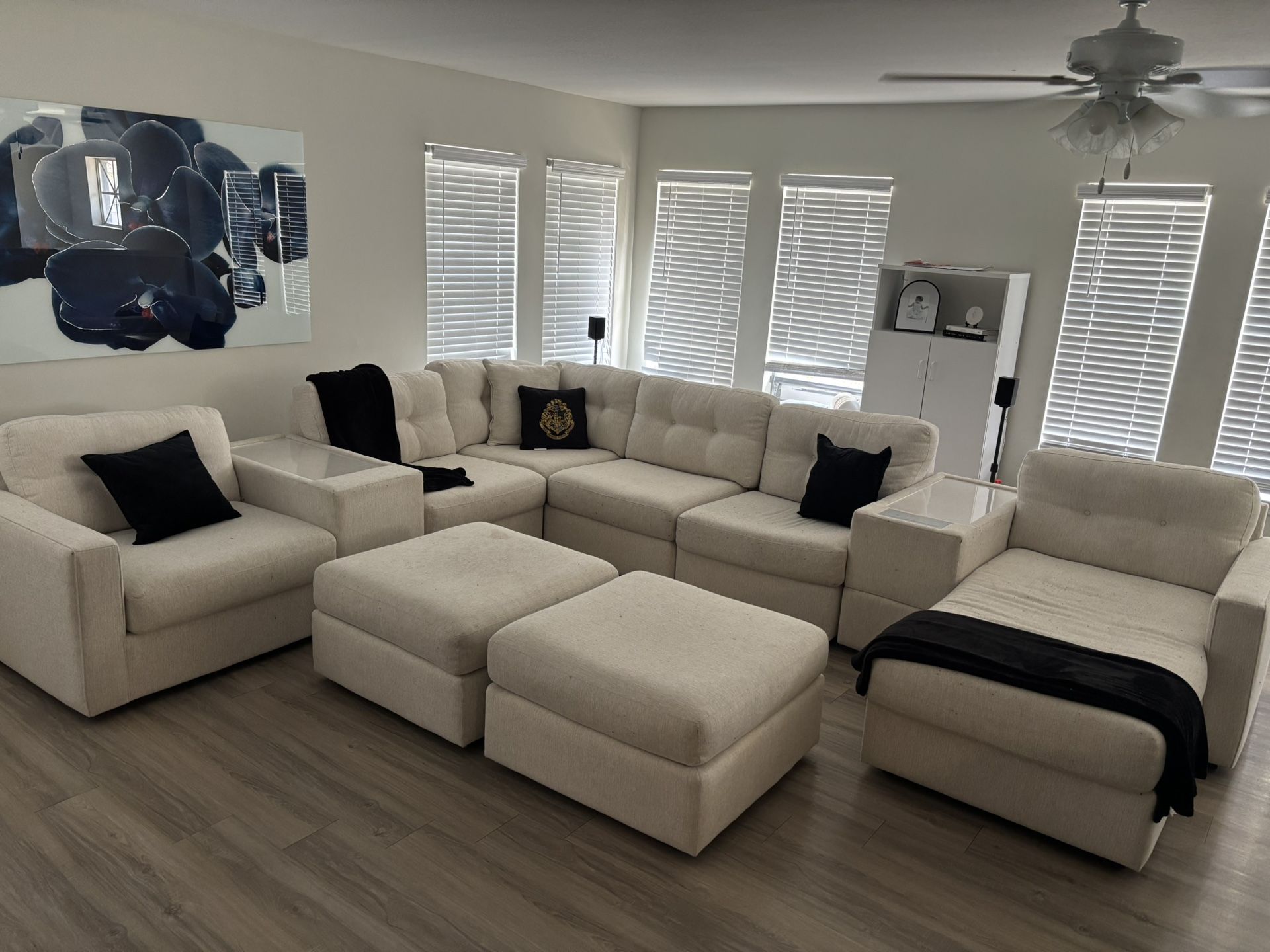 8 Piece Modular Sectional With media Bluetooth Console & 2 Ottomans
