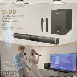 🔊 SunTrok S-08 Soundbar System w/ Subwoofer & 2 Karaoke Microphones – Like New!