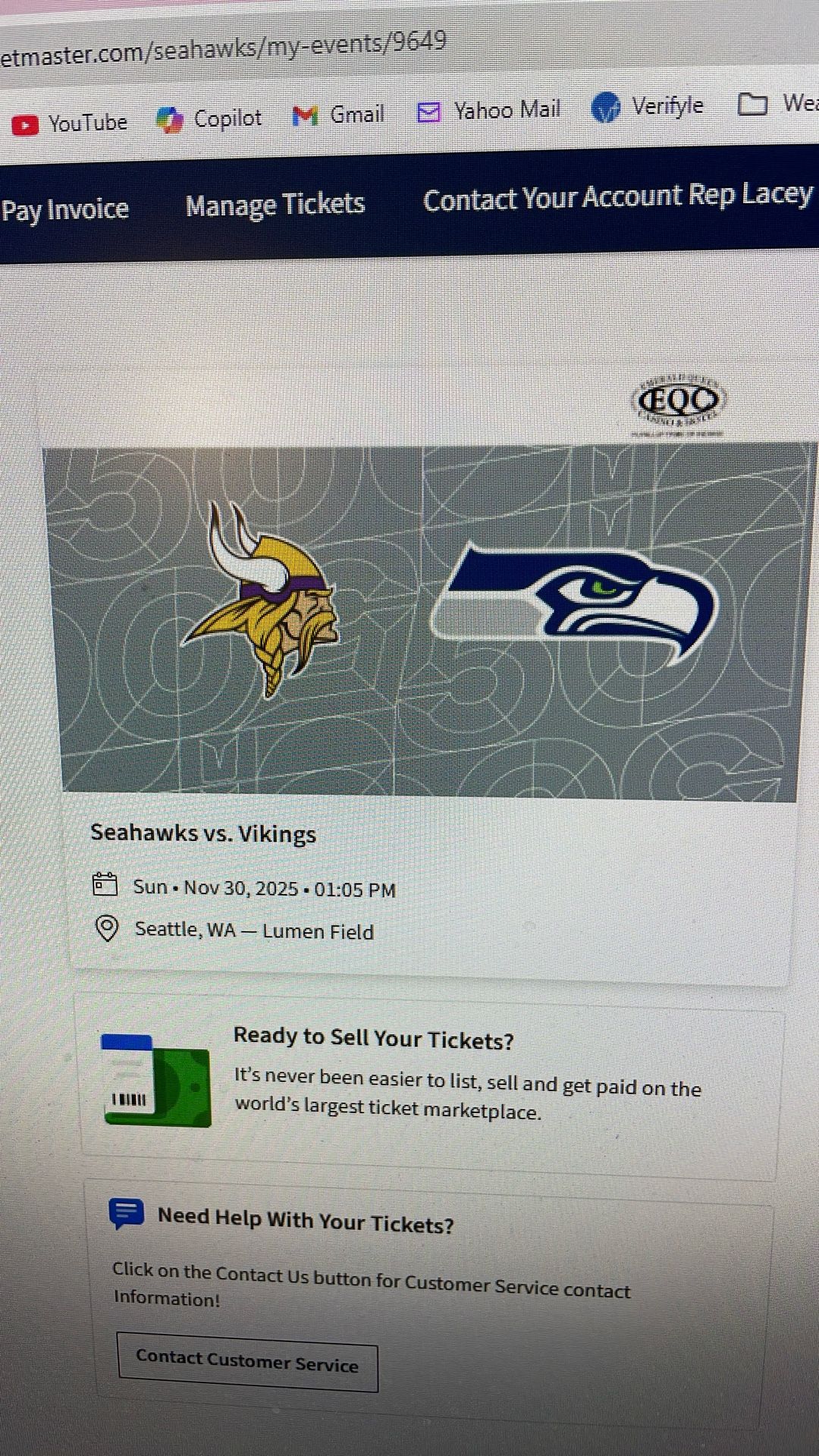 Seattle Seahawks Vs Minnesota Vikings (2 Tickets) 