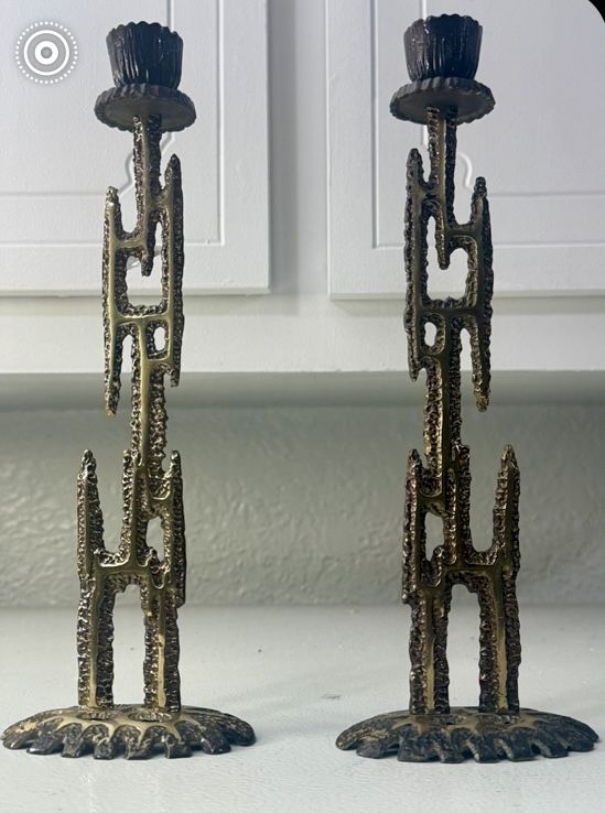 Vintage Abada Brass Candle Holders Modernist Brutalist Shabbat Judaica