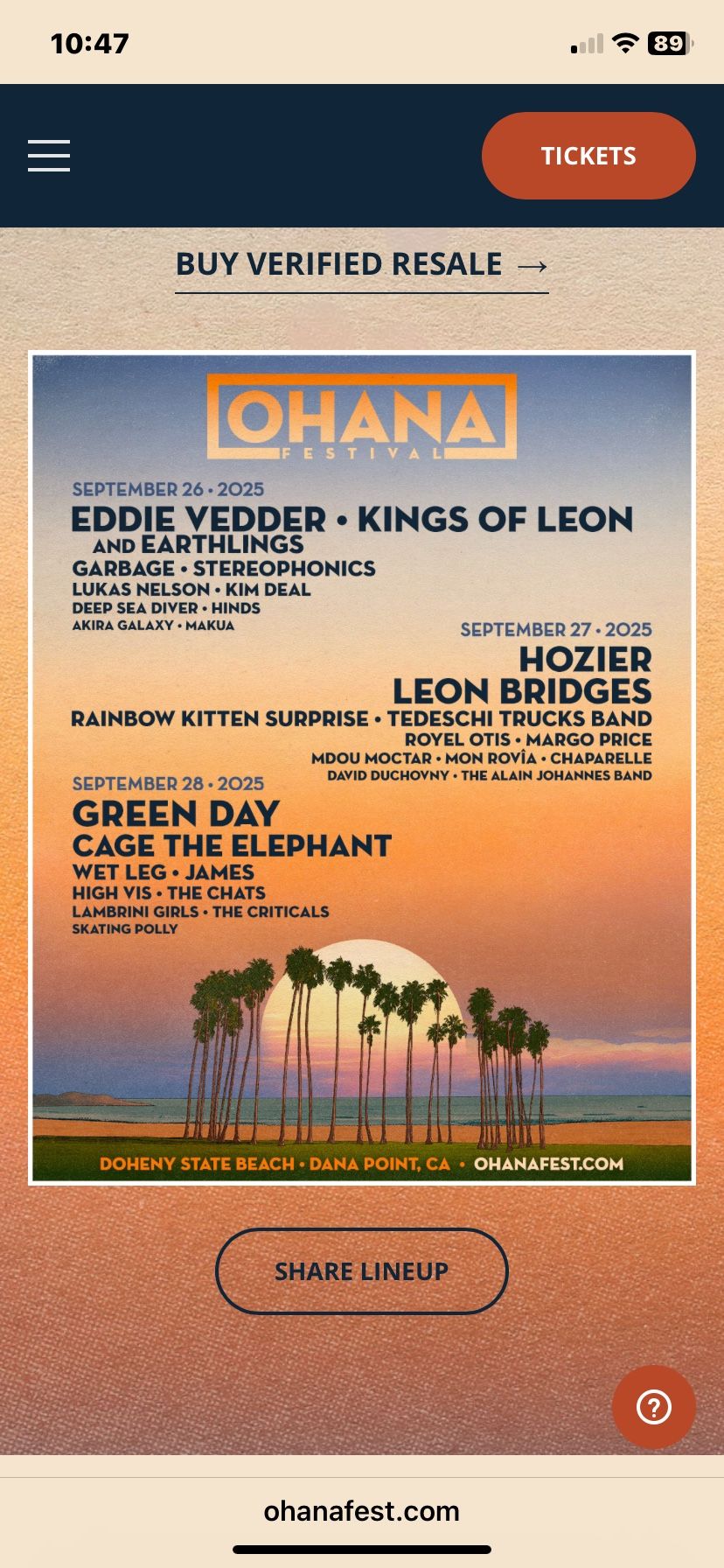 Ohana Festival Today Only. 2 Tickets $200