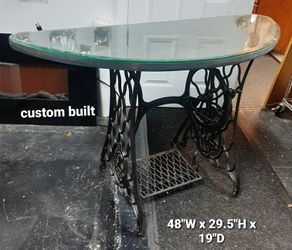 Singer Sewing Machine Custom Table / Half Moon Gray Table / Custom Foyer Glass Top Table