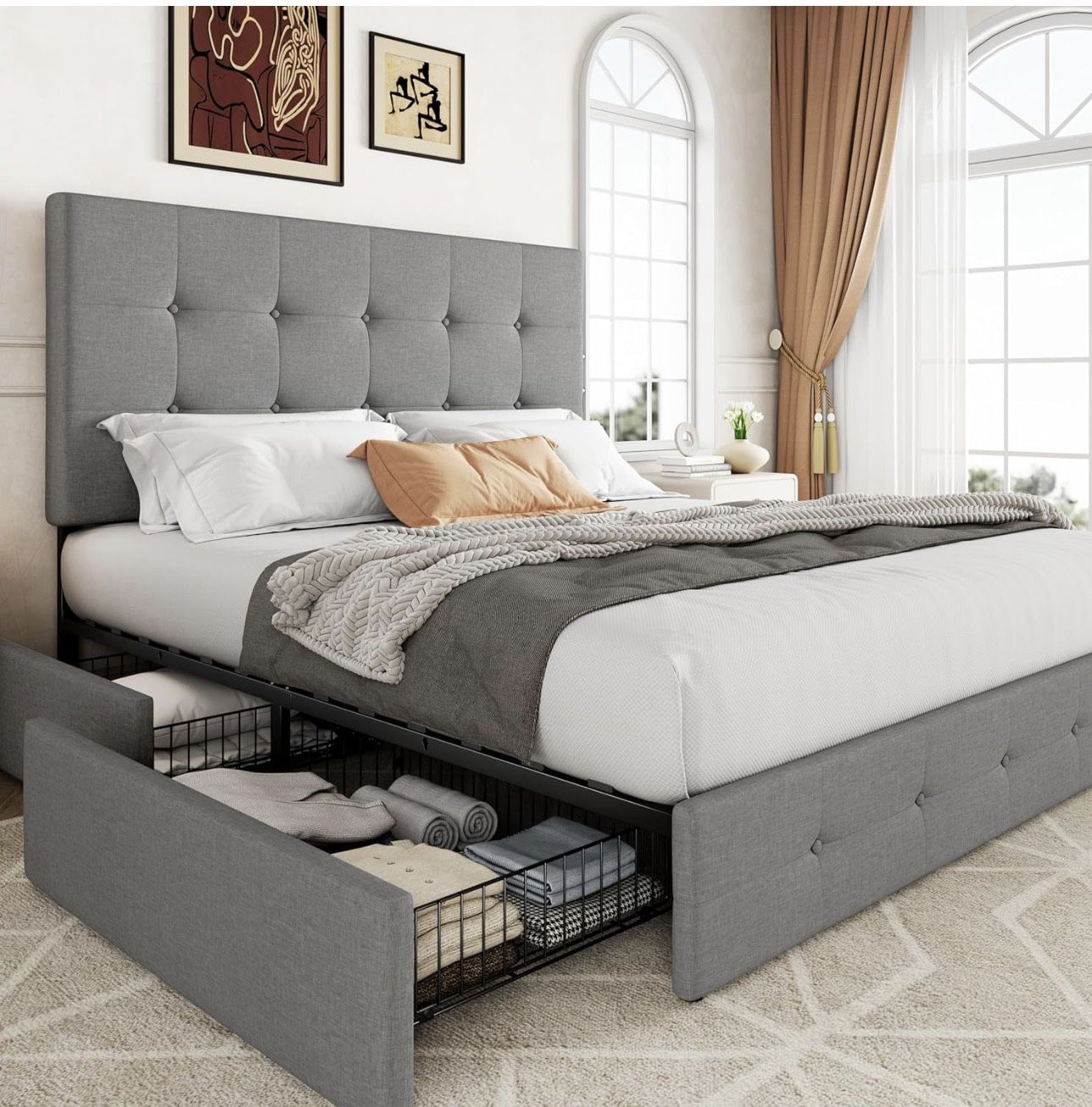 Queen Size Platform Bed Frame with 4 Storage Drawers and Headboard