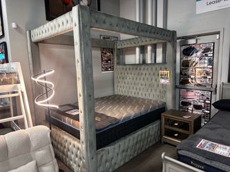 Stunning velvet canopy bed! $899 ☎️✨ Available in black!