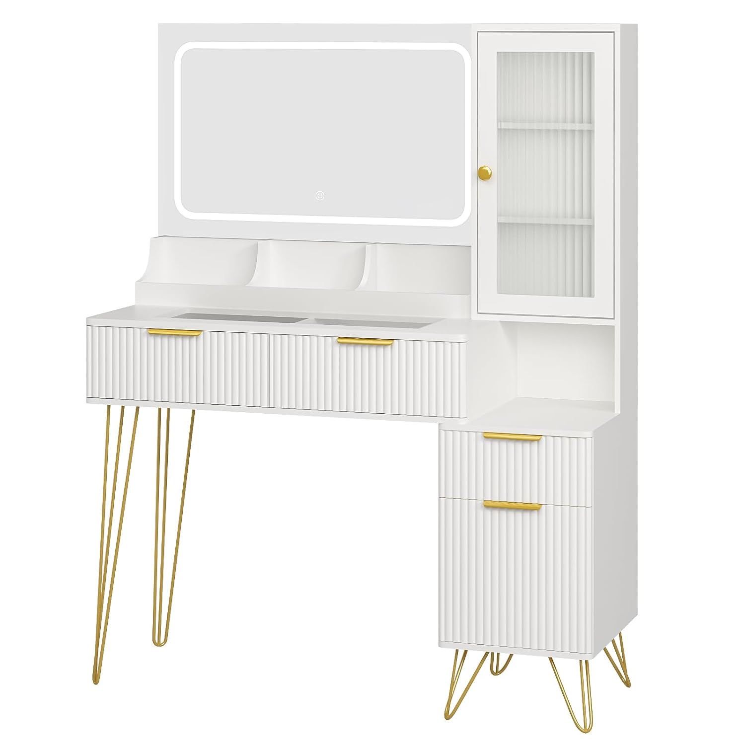 43" Vanity Desk with Mirror and Lights, Makeup Vanity Table with 4 Drawers, White Dressing Table for Bedroom, Fluted Makeup Desk with Modern Glass Top