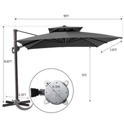 Double Top 11 ft. x 9 ft. Rectangular Aluminum Heavy-Duty 360° Rotation Outdoor Cantilever Patio Umbrella in Dark Gray
