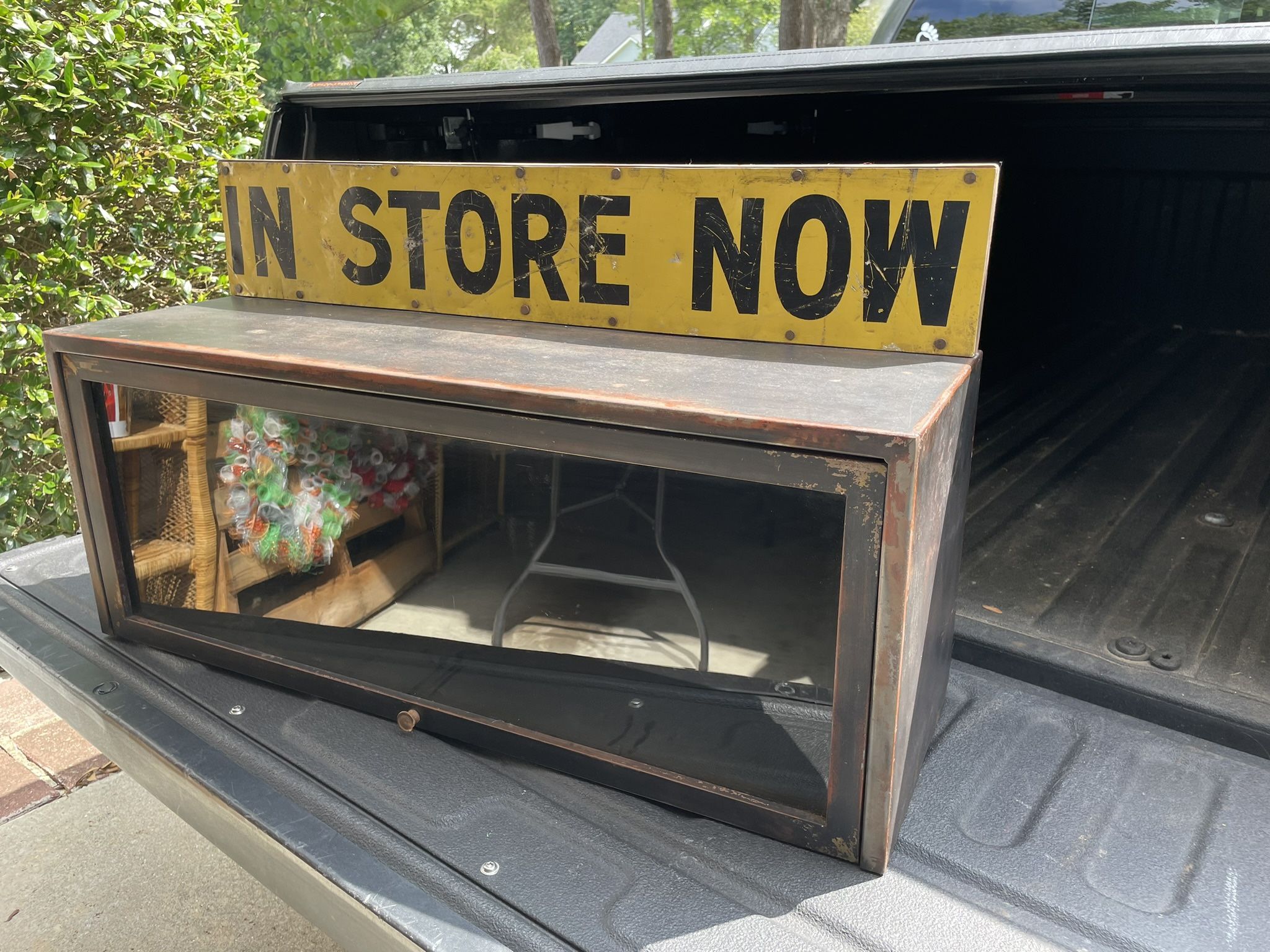 Vintage country store display metal cabinet In store now sign Measurements 34”L x 13”T x 11”W