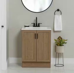 Glacier Bay Fonthill 24.5 in. W x 18.75 in. D x 32.89 in. H Single Sink Bath Vanity in Sand Elm with White Cultured Marble Top