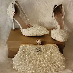 New White Pearl Clutch & White Leather Lace & Pearl Heels