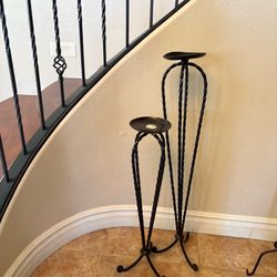 Pair of Tall Wrought Iron Pillar Candle Holders - Gothic Style