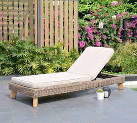 BRAND NEW Patio Chaise Lounger with Cushion - Wicker & Teak Outdoor Chaise