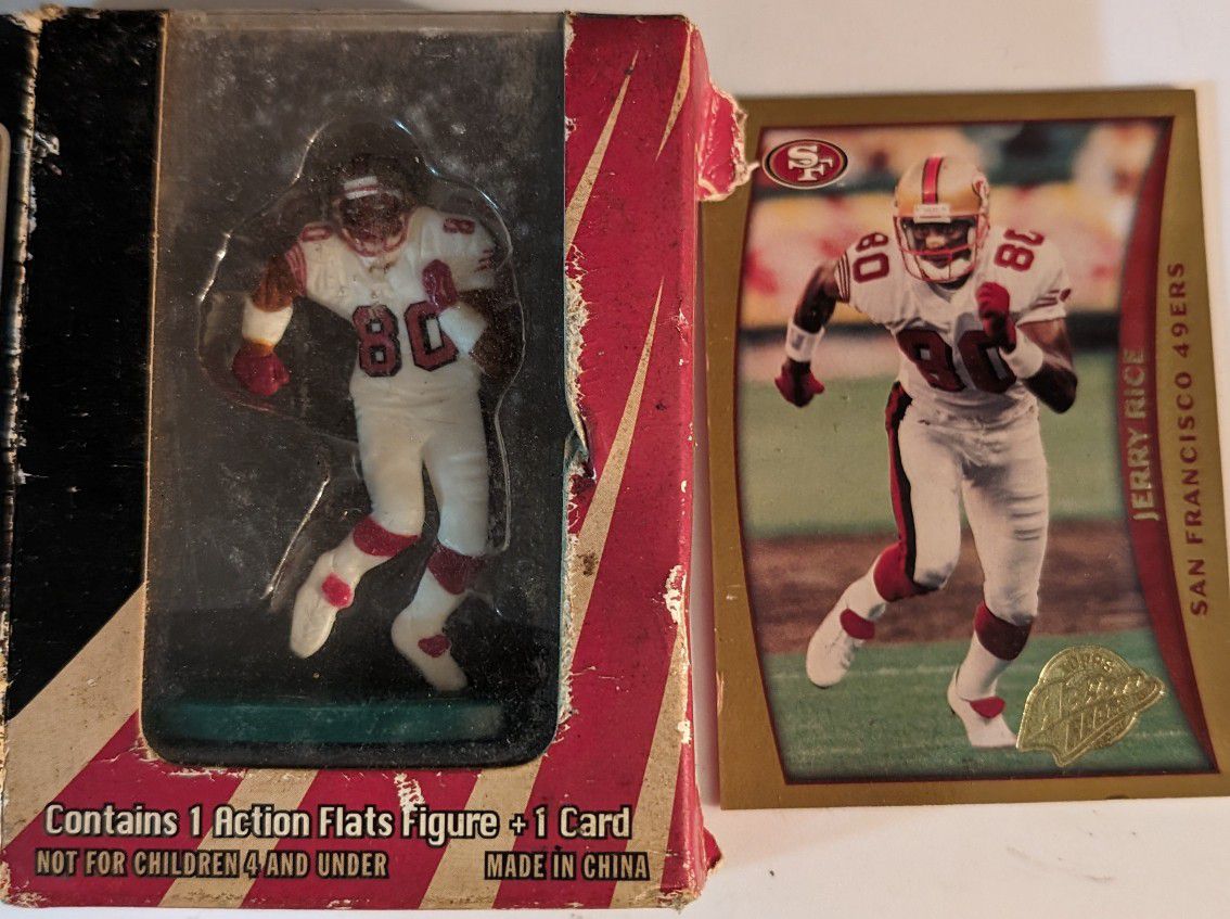 Topps 1998 Football Jerry Rice Action Flat Figure and 1 Mint Collector Foil Stamped Trading Card