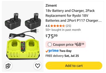 Ziment 18v Battery And Charger, 2Pack 6.0Ah Replacement For Ryobi 18V Batteries And 2Port P117 Charger Combo Compatible For Ryobi ONE+ Battery P100 P1