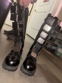 Size 7 9 Demonia Riot 21MP Black Leather Punk Knee High Boots w Silver Buckles for Sale in Arlington TX OfferUp