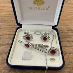 Brand New Fratello Shiny Silver / Ruby Red Stones Cufflinks Pair, Tie Clip-on & Twist On Set