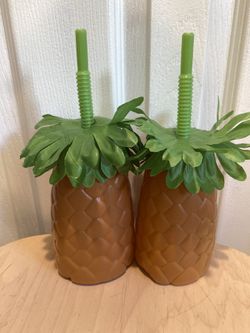 Party Pineapple Cups Tropical Drink w/ Decorative Straws Set of 2 Plastic cups