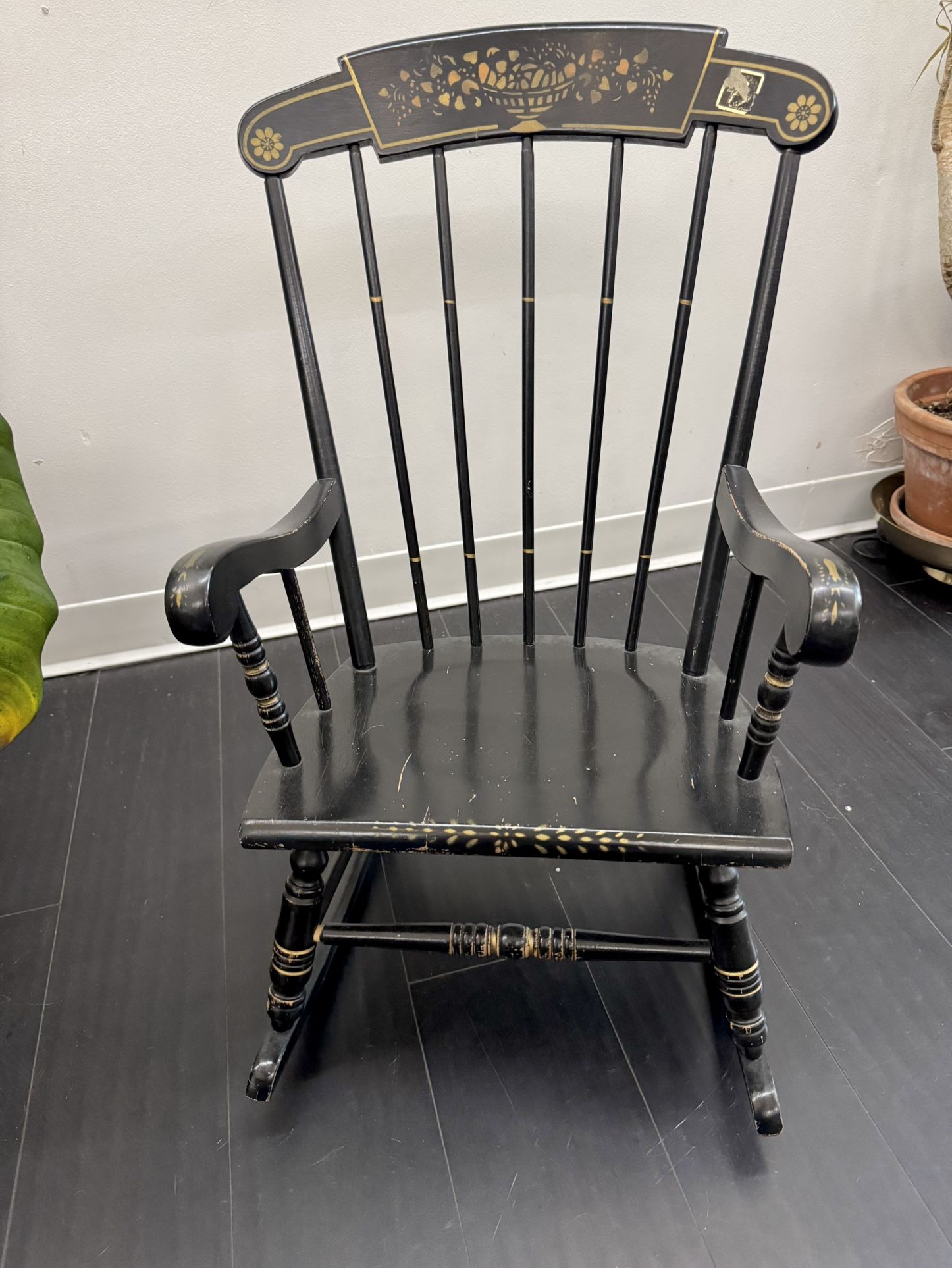 Vtg 1950s Oak Hill Child’s Rocking Chair Black w/ Gold Stencil Trim | Keene, NH