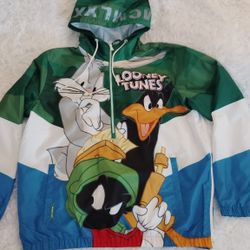 Men's Members Only Looney Tunes Bugs Daffy Marvin Taz Cartoon Windbreaker Hooded Nylon Jacket ZipUp SZ S 
