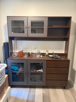 Walnut and Gray Storage Cabinet with Hutch