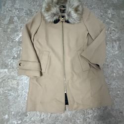 Zara Medium Manteco Camel Tan Removable Fur Collar Wool Parka Coat Mid Length