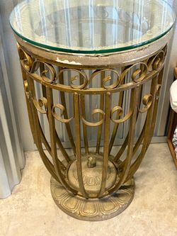 Gold Wrought Iron Pedestal Table with Glass Top
