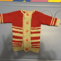 Hand Knit Sweater Wool With Buttons Red And Gray Long Sleeves Size 9-12 Months