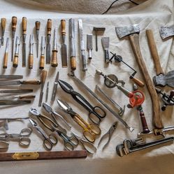 Vintage And Antique Tools Chisels. Pliers, shears. Pipe wrenches, drills, Power tools, axes. all have been cleaned and sharpened.