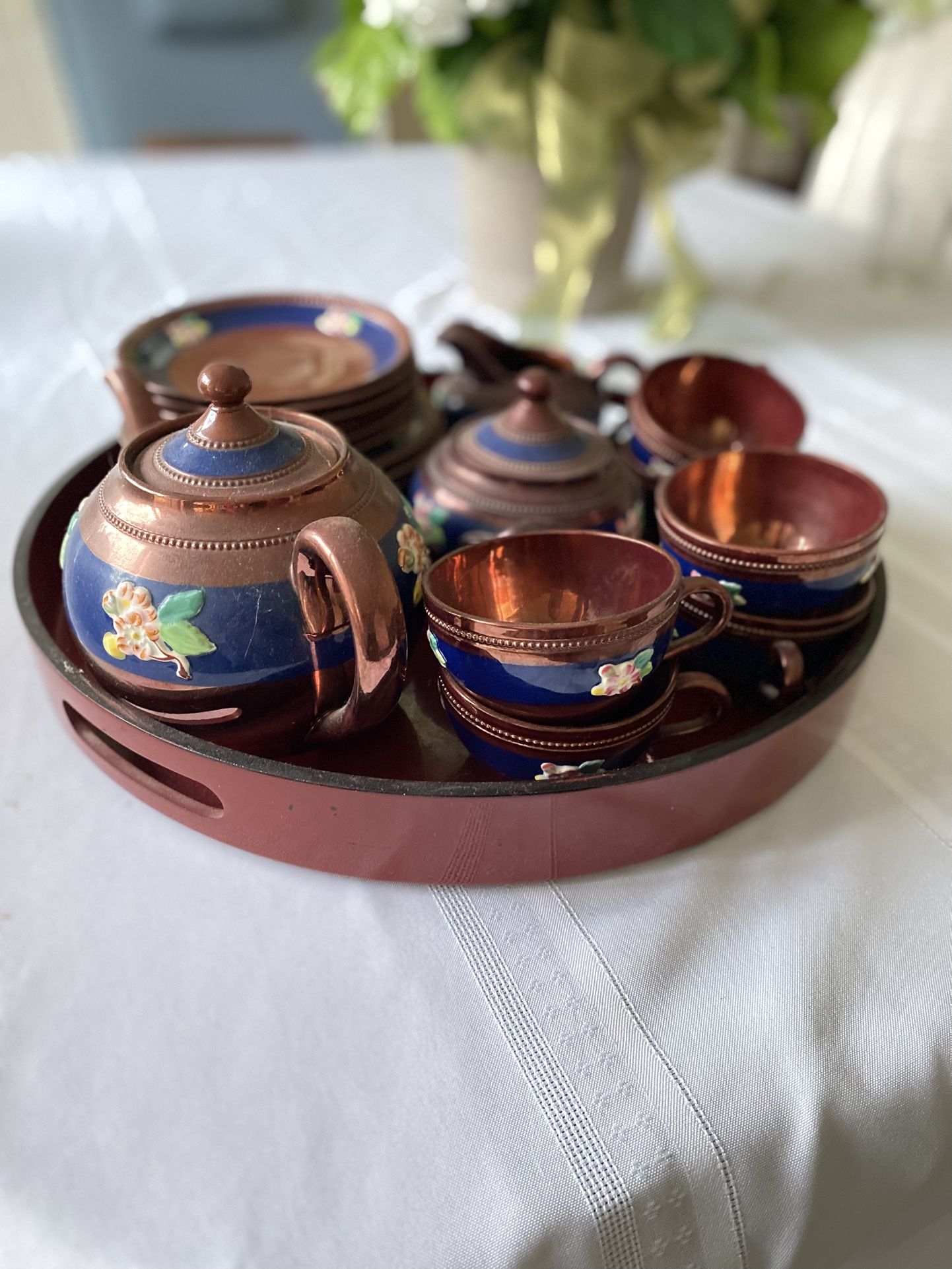 Antique Copper And Cobalt Blue Floral Teaset For 6