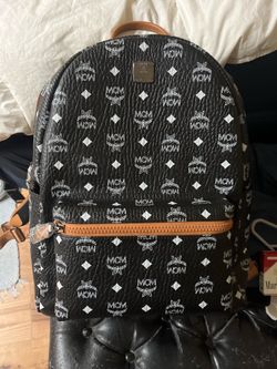 MCM Stark Visetos Backpack Black/White Logo Cognac Trim NEW w/ Tags Medium