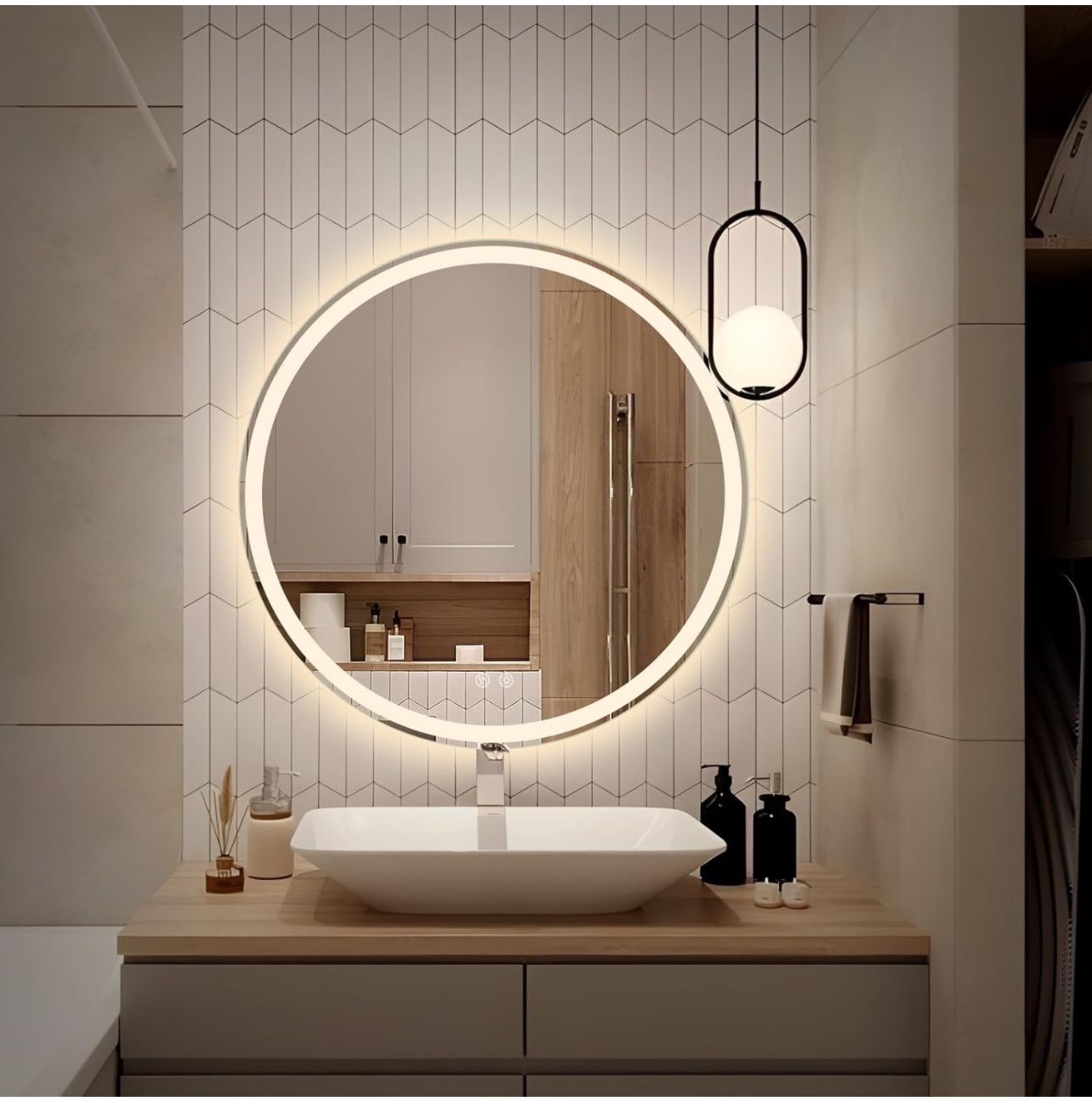 24 inch LED Bathroom Vanity Mirror, Wall Mounted Round Makeup Shaving Mirror Frameless Design, HD Waterproof & Explosion-Proof Smart Mirror with Memor
