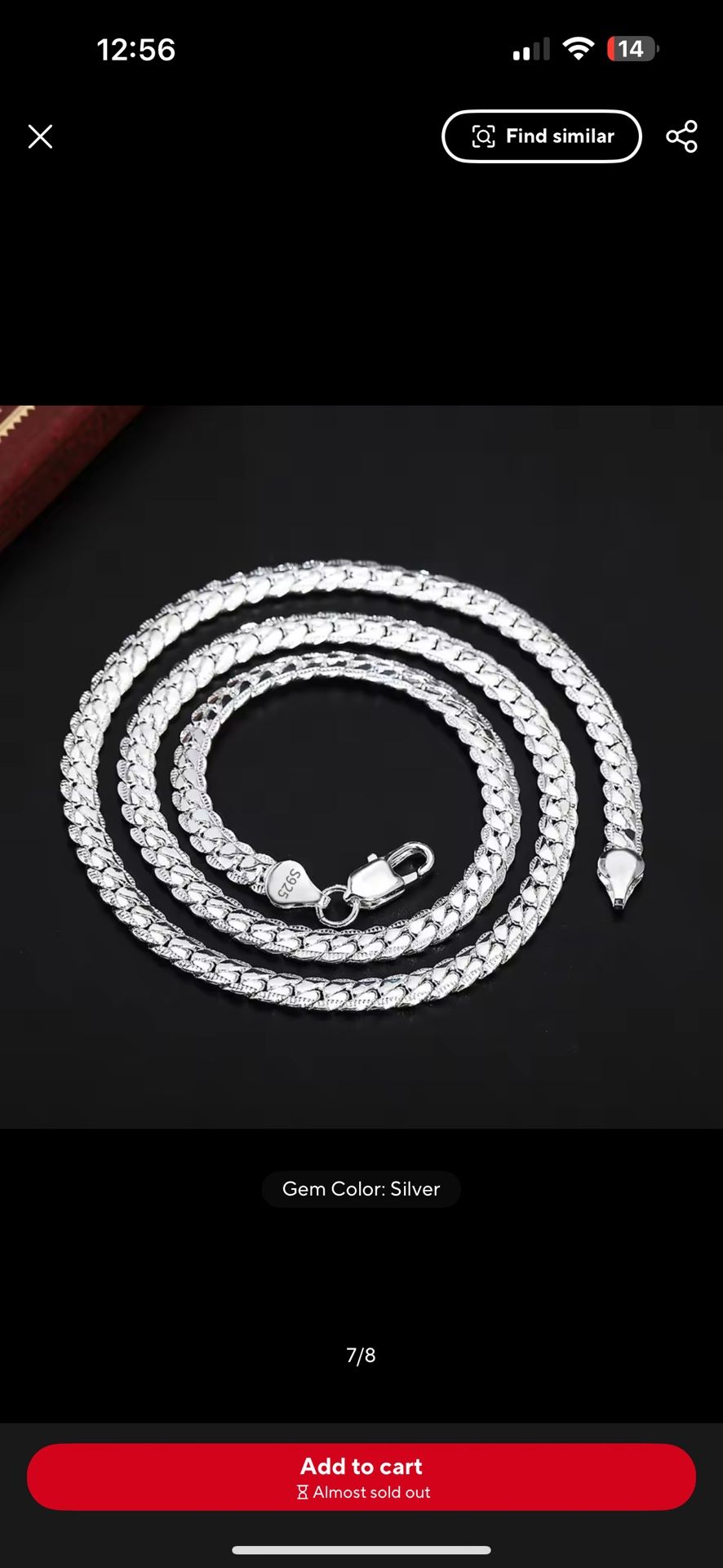 925silver 925 Silver Color 6mm Full Sideways Necklace 8/18/20/24 Inch Chain