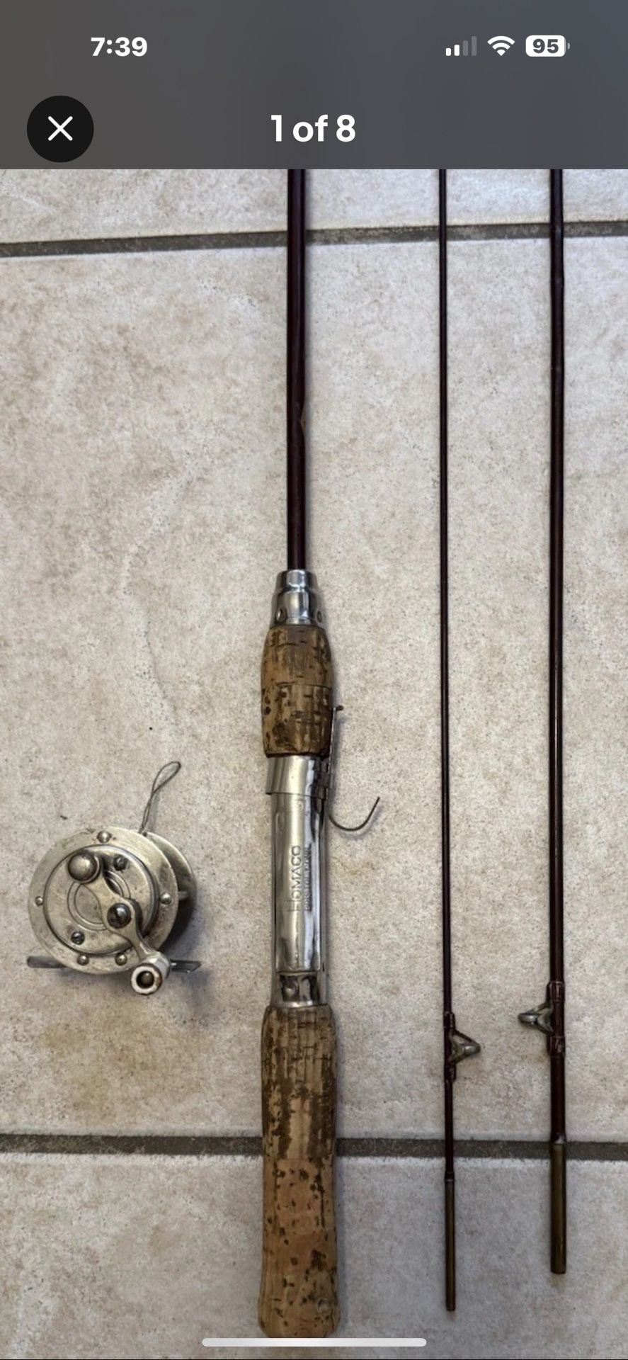 Vintage Unknown Reel 60 YRD HOMACO BRISTOL CONN. 3 pc Fishing Rod