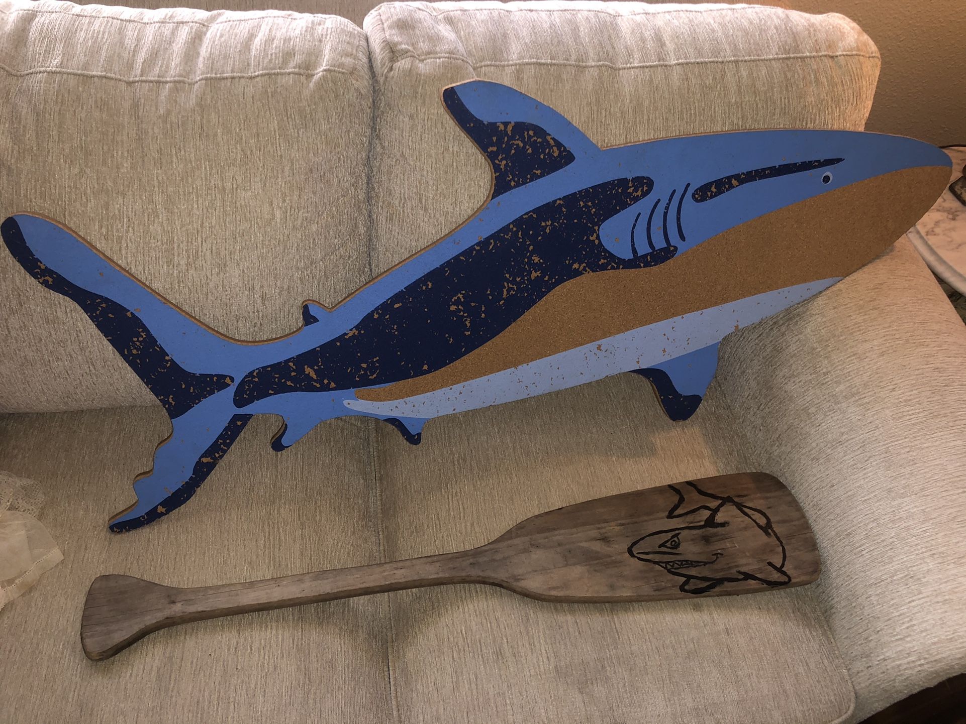 Pottery Barn Kids Surf Shark Corkboard & Wooden Shark Oar Wall Decor