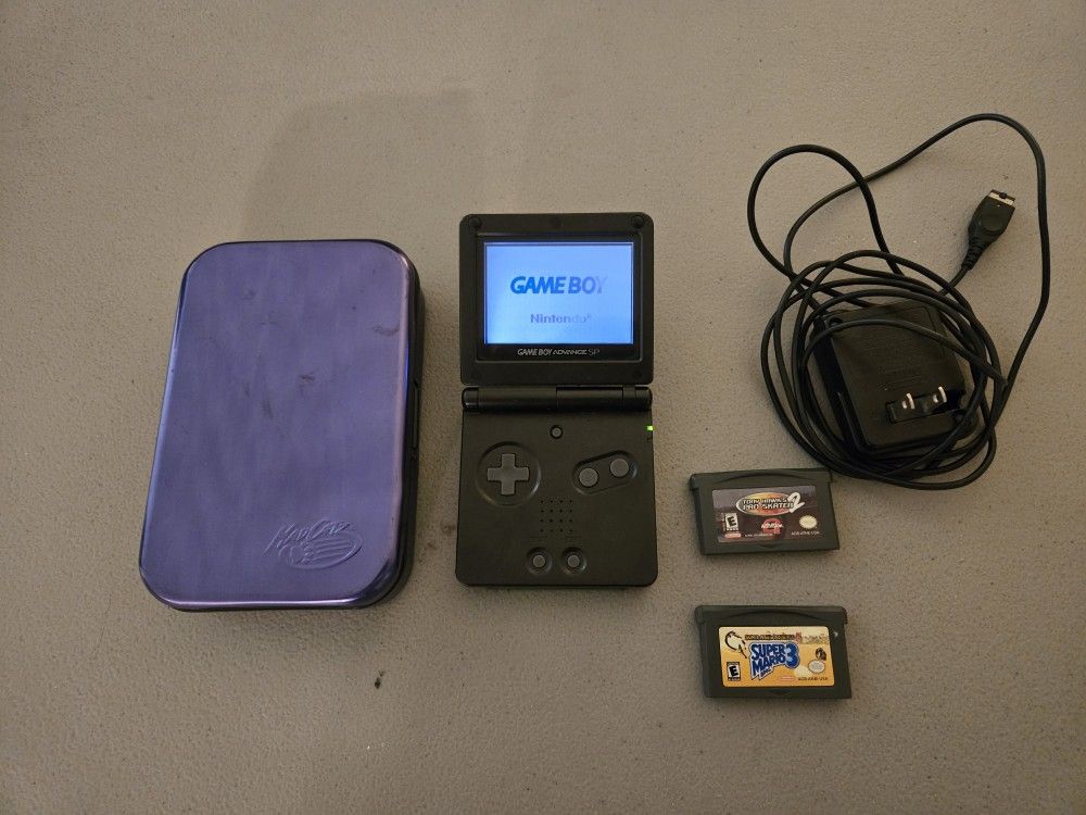 Gameboy Advance SP - Black - Works - Includes Charger, Case, And 2 Games
