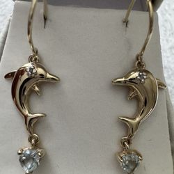 Sterling Silver Blue lopaz Heart & Diamond Accent Dolphin Dangle Earrings