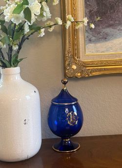 Vintage Empoli Cobalt Blue Glass Lidded Jar with Gold Decoration