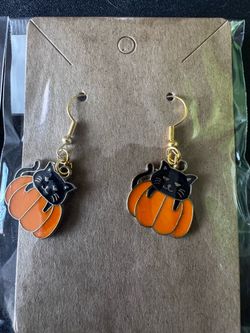 Halloween Black Cat Pumpkin Dangle Earrings