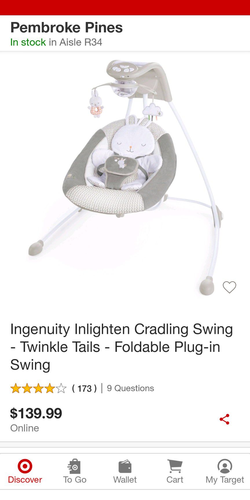 Ingenuity Inlighten Cradling Swing - Twinkle Tails - Foldable Plug-in Swing