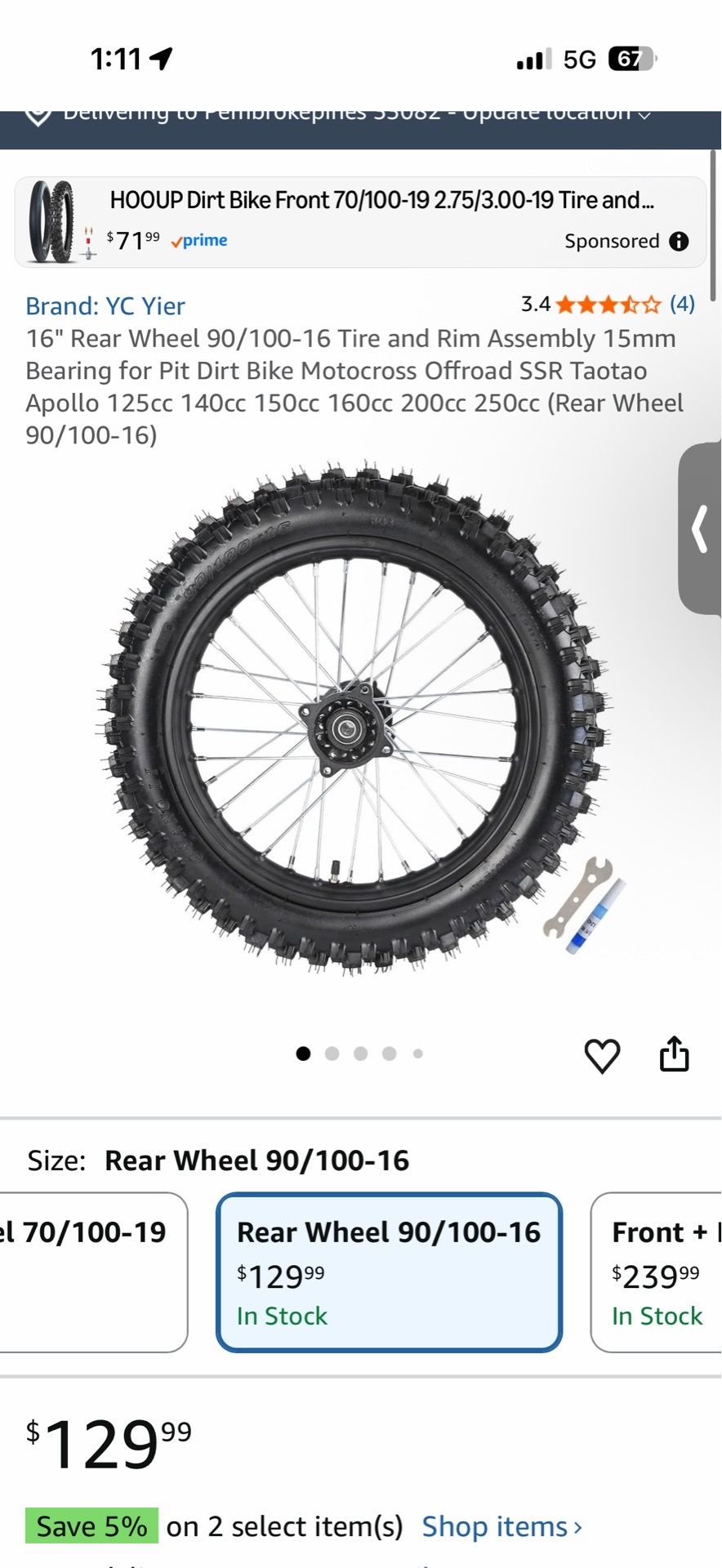 16" Rear Wheel 90/100-16 Tire and Rim Assembly 15mm Bearing for Pit Dirt Bike (see description)
