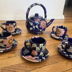 Blue Floral Ceramic Tea Set For 5 (plus 4 Matching Dishes/Jars)