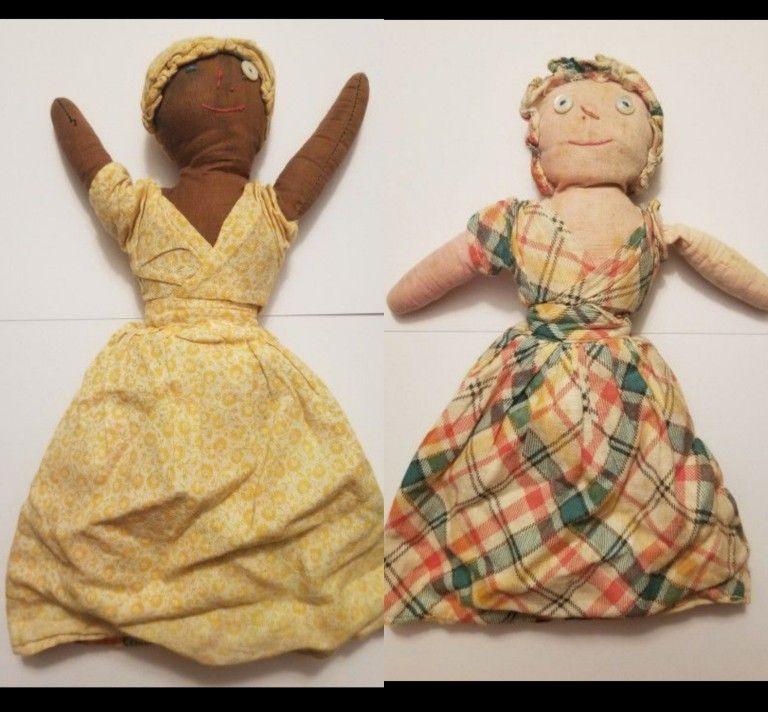 Antique Handmade Topsy Turvy African American Girl And Caucasian Girl Doll