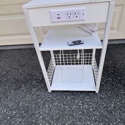 LELELINKY White Side Table with Storage, Small End Table Printer Stand for Small Spaces, Record Player Stand with Vinyl Storage, With Charger Station