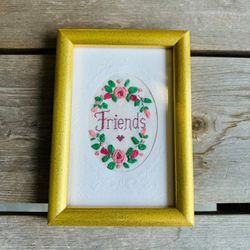 Friends Floral Finished Gold Framed Cross Stitch Ribbon Embroidery 4"x6" Vintage