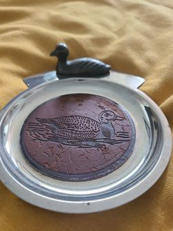 Vtg Metal & Leather Coaster Ashtray Duck Loon Bird Cigarette Holder
